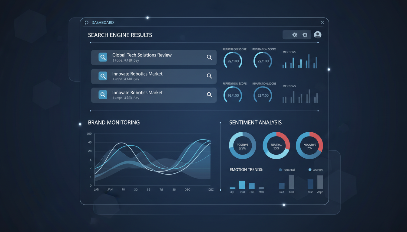 A professional digital dashboard showing search engine results with reputation m…