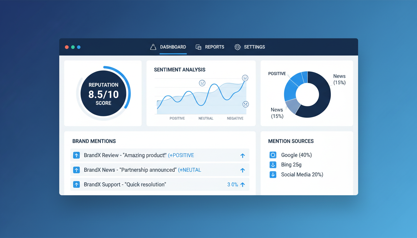 A digital dashboard showing search engine reputation monitoring interface with b…