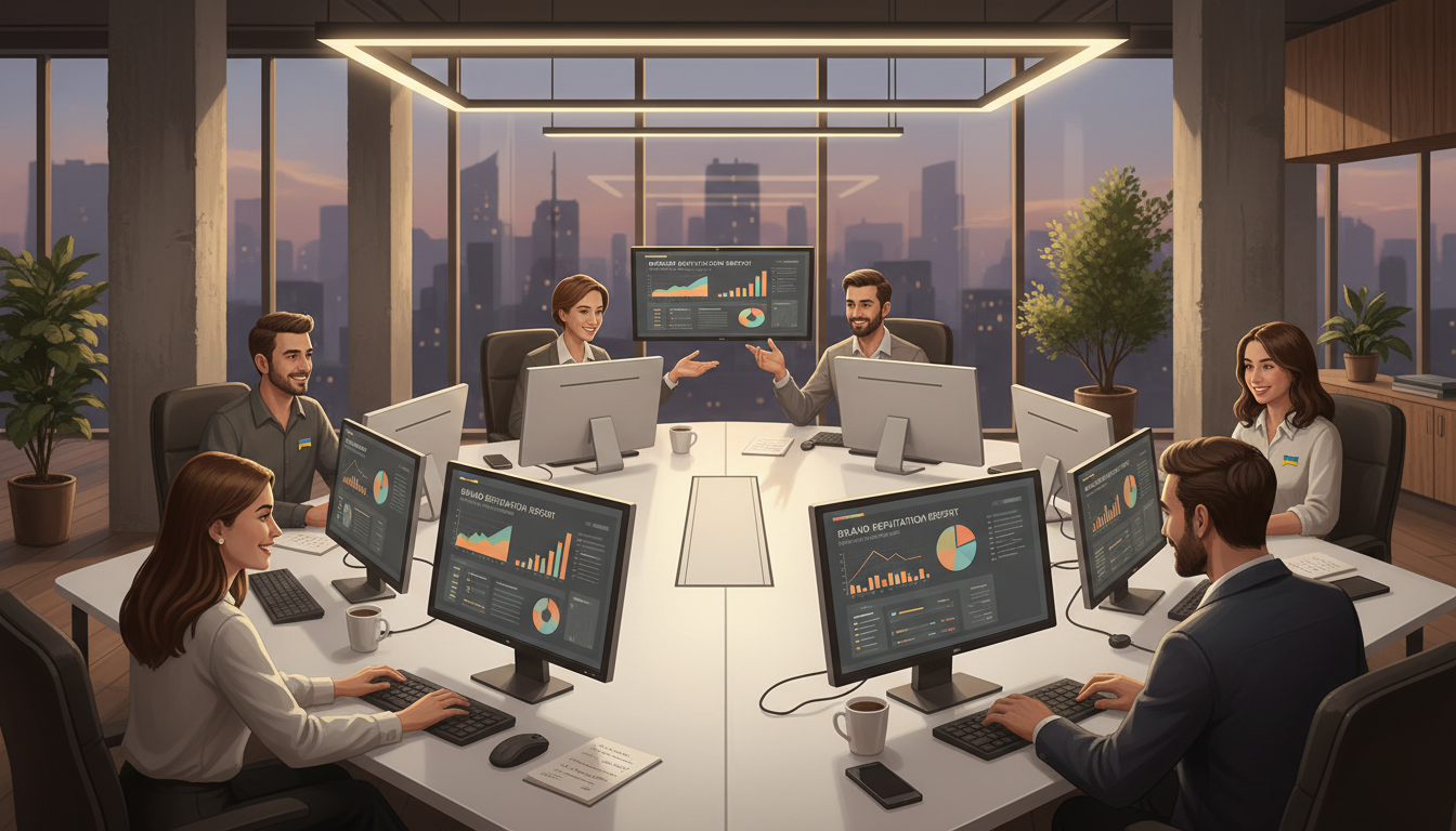 A Ukrainian digital marketing team working at computers in a modern office, revi…